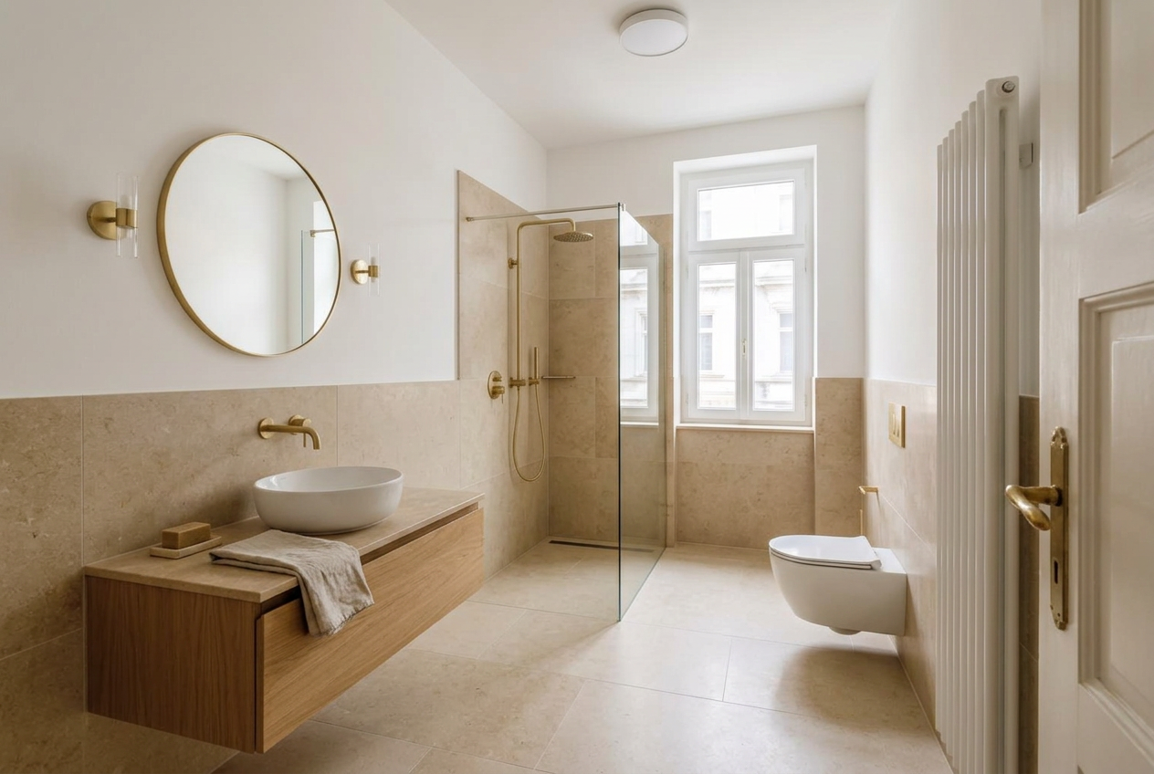 Saniertes Badezimmer mit Naturstein, Walk-in-Dusche und Eichenwaschtisch